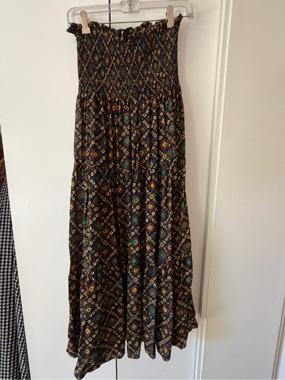 Ulla Johnson Strapless Bohemian Maxi Dress in Brown with Teal and Gold Accents